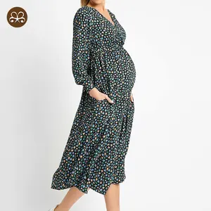 Hot Selling Custom Women's Pregnant Wear Comfortable Loose Casual V-Neck Long Sleeve Maternity Dress