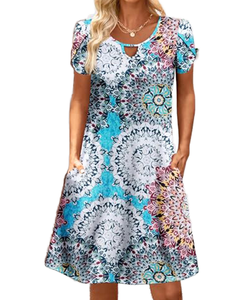 Women's Casual A-Line Summer Beach Floral Tshirt Dress Pockets Sublimation <b>Print</b> Short Sleeve <b>Mini</b> Flowy Sundress for Parties - Product Image 1