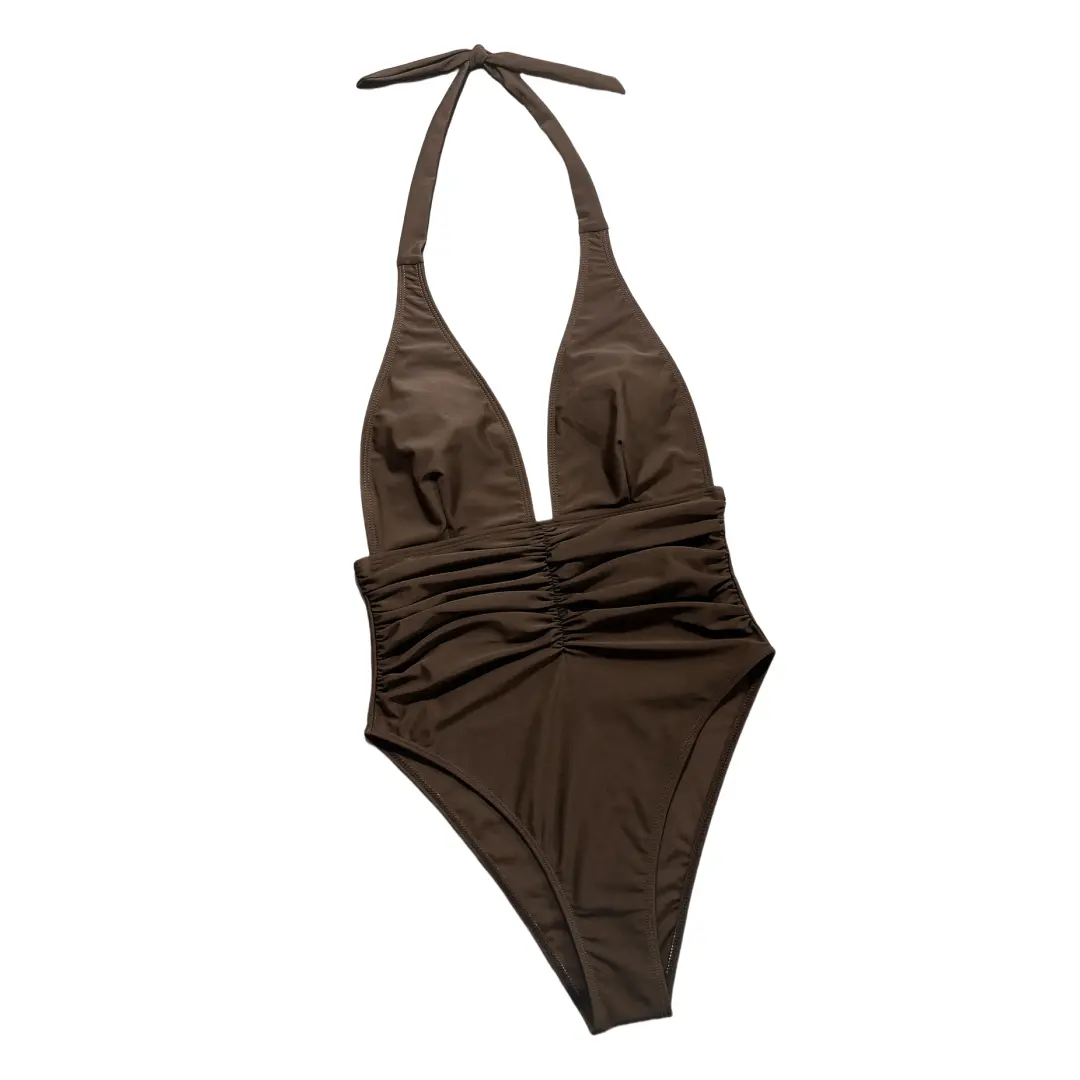 2024 High Quality Brown Deep V Halterneck Bikini One Piece Swimsuit by Beachwear & Bikinis