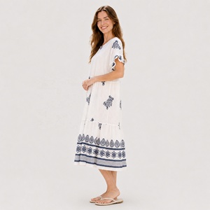 Abito lungo da <span class=keywords><strong>donna</strong></span> boho ricamato con maniche corte a sbuffo, scollo a V, orlo a balze a strati, in cotone e <span class=keywords><strong>lino</strong></span>, casual estivo da spiaggia, ODM - Product Image 3