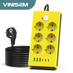 ปลั๊กไฟยุโรปแบบ EU 3 ช่อง USB 3 Type-C พร้อมแท่นชาร์จแบบ Type-C สำหรับแผงต่อสายไฟในบ้าน คุณภาพสูง สีเหลือง - Product Image 1