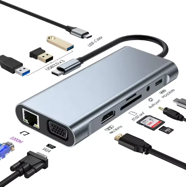 Leitor de cartão multifuncional SD TF HUB, porta de áudio com bom som, adaptador VGA USB C Hub 11 em 1 de alta compatibilidade