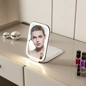 Fabriek Custom Logo Opvouwbare Draagbare Oplaadbare Led Make-Up Spiegel Met Led Licht Reizen Spiegel Met Licht Type C