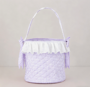 Vente en gros Paniers de Pâques avec nœud à volants vichy Panier de Pâques vide pour enfants avec broderie lapin - Product Image 4