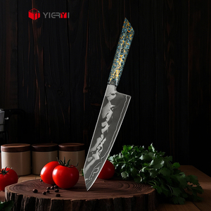 Cuchillo de <span class=keywords><strong>Chef</strong></span> Japonés Kiritsuke Personalizado, Núcleo de Acero 10Cr15CoMoV, Acero Laminado de 5 Capas, Mango de Madera Lacada en Azul y Dorado de Lujo, Cuchillo de Cocina - Product Image 6