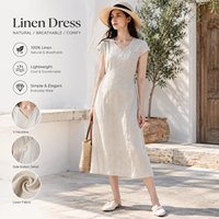 Robe midi 100 % lin pour femme, col en V, manches courtes, coupe ample, idéale pour l'été, la plage, les vacances, les loisirs, vente en gros, OEM