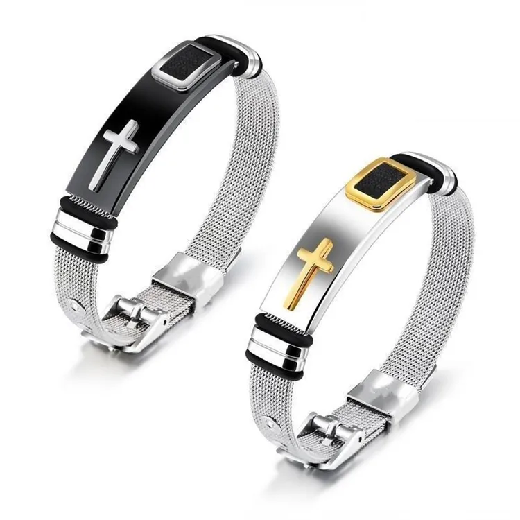 Stainless Steel 18K Gold Adjustable Italian Mesh Belt Cross Charm Men Bracelet