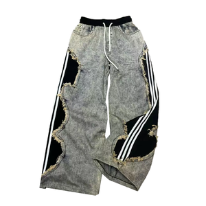 Jeans Anchos de Hip Hop al por Mayor para Hombre, Pantalones Largos Grises Lavados con Contraste Lateral y Efecto Desgastado, Estilo Urbano - Product Image 2