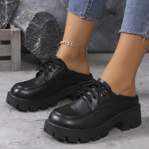 Spring Thick Sole Thick Heel Two-wear Half-drag for Women Casual Outwear Round Toe British Style Platform Shoes Flats - Product Image 3