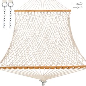 Handwoven Cotton Rope <b>Hammock</b> with Hardwood Spreader Bar & Carabiners, for Backyard, Patio, Camping, Yard - Product Image 1