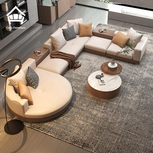 أريكة إيطالية فاخرة قابلة للغسل على شكل حرف L، أريكة مودولار من الجلد الأبيض والقماش لغرفة المعيشة - Product Image 1