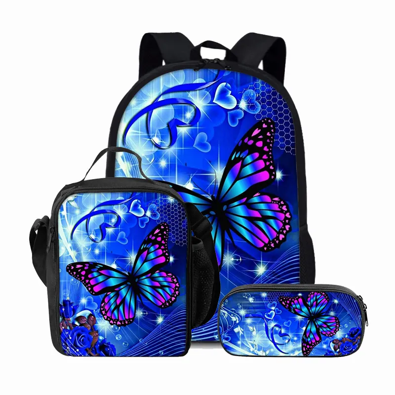 New Trendy Style Good Quality Butterfly Primary School Backpack Women Girls Polyester School Bag Set