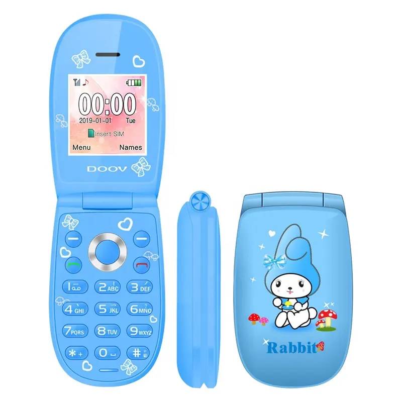 Classic Flip Top Open Ontwerp Mooie Konijn Cartoon Stijl Gsm Quad Band Doov W11 Kleine Size Mini Flip Kinderen mobiele Telefoon