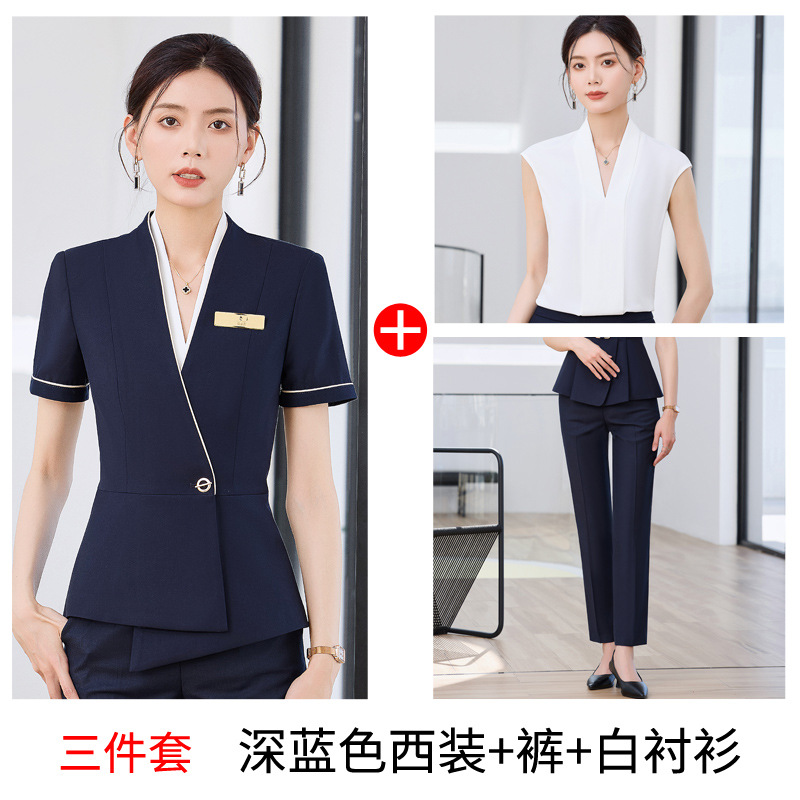 Three-piece suit: dark blue suit pants and white shirt