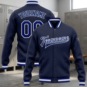 Custom Men's <b>Navy</b> <b>Blue</b> Eco-Friendly Varsity <b>Jacket</b> with Team Name and Number Embroidery Front Logo Hip Hop Winter Wear - Product Image 3