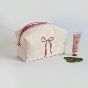 Custom Bow Embroidery Eco-Friendly Cotton Makeup Bags Travel Zipper for Bag Women for Gingham Inner <b>Cosmetic</b> <b>Organizer</b> - Product Image 2