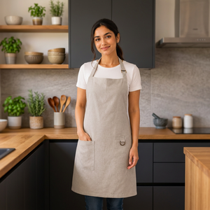 Tablier en lin de qualité supérieure |   Tablier en lin beige naturel avec poche avant et détail anneau en D métallique |   Tablier de cuisine réglable - Product Image 4
