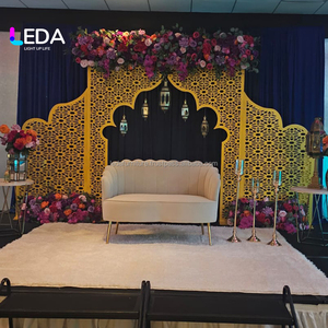 LEDA Modern Custom Indian <b>Wedding</b> <b>Backdrop</b> Gold Acrylic PVC 3D Open Arch <b>Backdrop</b> <b>Stand</b> Stage Background - Product Image 2