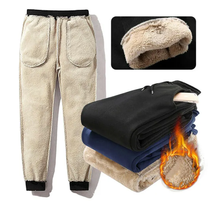 Forro Mantenha Calças Quentes Masculino Inverno Lã Pant Alta Qualidade Cordeiros Lã Personalizado Velo Homens Sweatpants Malha Plain Dyed Regular