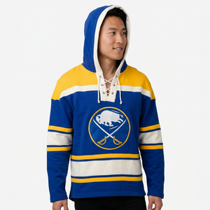 Custom <b>Men's</b> Winter Hooded Ice Hockey Jersey 100% Cotton Blue Yellow White Striped Heat-Transfer Printed Embroidered Team Logo - Product Image 1