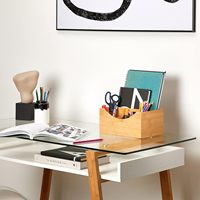 Organisateur de bureau en bambou et organisateur de livres pour bureau, boîte de rangement de papeterie en bois à 4 compartiments avec poignée de transport