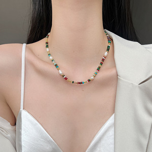 Collar bohemio con cuentas, perlas de imitación y piedras de colores para mujer, cadena chapada en oro, joyería para fiesta - Product Image 1