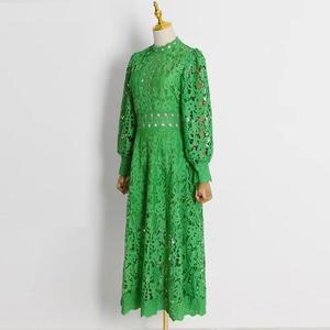 Hollow Out Solid Midi Vintage Elegant Lace Long Sleeve Empire Waist <b>Dress</b> for Women Formal - Product Image 3