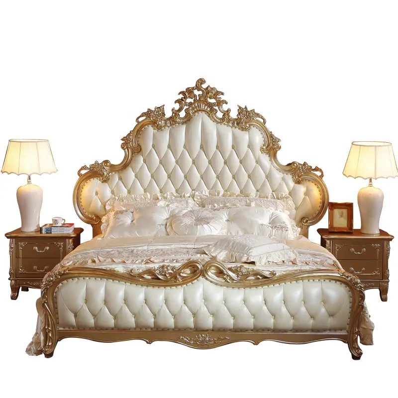 प्राचीन लक्जरी असबाबवाला चमड़े बिस्तर फ्रेंच शैली <span class=keywords><strong>रोकोको</strong></span> लकड़ी <span class=keywords><strong>बेड</strong></span>रूम फर्नीचर इतालवी डिजाइन बिस्तर