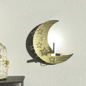 Ramadan Mubarak Eid Mubarak Crescent Gold Wall Hanging Metal Candle Holder Lantern For Home Decoration Living Room