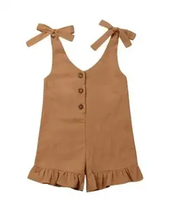 Meninas Verão Sem Mangas Ruffled Romper Vintage Kids Global com Ruffles Linen Romper Várias Cores e Tamanhos