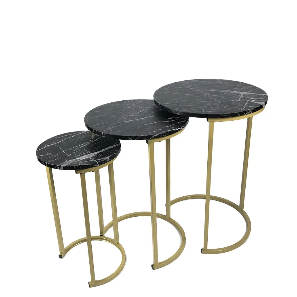 Hochglanz-Set mit 3 Kaffee-Nest-Tischen Beistell tisch Marmore ffekt Schwarz & Gold