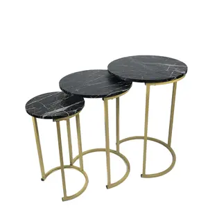 Set lucido di 3 tavolini da caffè tavolino laterale effetto marmo nero e oro