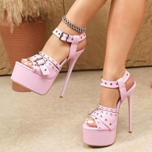 Women Metal Rivets <b>Platform</b> Sandals Peep Toe High Slim <b>Heels</b> Summer Shiny Belt Buckles <b>Ankle</b> <b>Strap</b> Shoes - Product Image 2