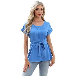 Camiseta de Manga Corta con Cuello Redondo y Volantes en la Cintura, Color Sólido, para Mujer, Estilo Europeo Americano, Venta al Por Mayor - Product Image 2