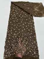 Tissu de dentelle en tulle à fleurs 3D marron café, orné de strass et de perles, pour robe de mariée, robe de soirée ou robe de demoiselle d'honneur