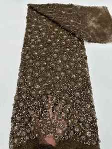 Tissu de dentelle en tulle à fleurs 3D marron <span class=keywords><strong>café</strong></span>, orné de strass et de perles, pour robe de mariée, robe de soirée ou robe de demoiselle d'honneur - Product Image 2