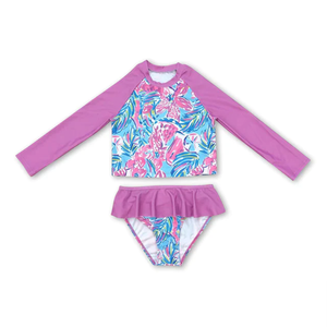 Traje de Baño de Dos Piezas para Niñas Pequeñas, Diseño Floral Dulce, Manga Larga, Transpirable, Nailon/Algodón - Product Image 6