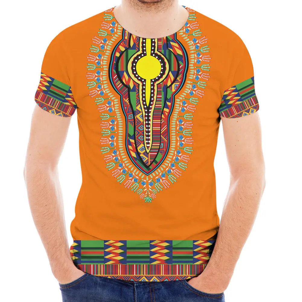 Geometric Orange African Print Crew Neck Short Sleeve Novelty Graphic T-Shirts with Cool Men Tshirt Designer Slim Fit Tee Tops
