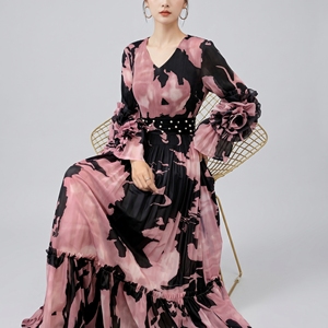 Vestido Maxi Casual Vintage de Alta Calidad para Mujer, Primavera/<span class=keywords><strong>Verano</strong></span> 2026, Nuevo, con Mangas Farol, Corte en A, Plisado, Estampado Floral, Fruncido Natural - Product Image 4