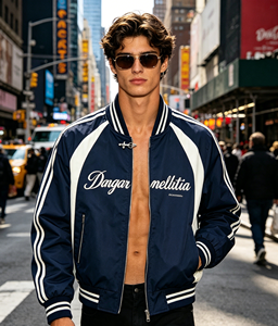 Chaqueta Bomber Varsity a Rayas con Estampado de Letras Cursivas Personalizado con Impresión DTG Kornit para Hombre, Chaqueta Casual de Estilo Urbano - Product Image 2