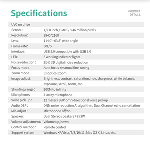 Câmera de videoconferência HD portátil 4K Auto Foco Streaming Zoom 3x 4 Microfones Matriz 8 Mega <span class=keywords><strong>CMOS</strong></span> <span class=keywords><strong>Sensor</strong></span> USB Video Bar Stock - Product Image 6