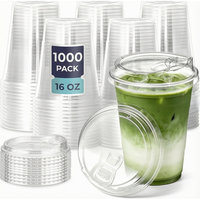 Gobelets en plastique transparents jetables écologiques sans BPA de 16 oz avec couvercles plats, gobelets pour boissons froides en PET, lot en vrac pour fêtes, bubble tea, café glacé