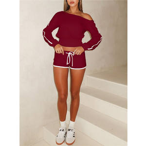 Lässige Damen Outfits Solid Off Showlder Crop Top und Kordel zug Shorts 2-teilige Sets - Product Image 4