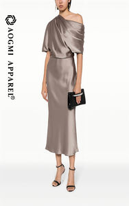 Alta costura de lujo para mujer, verano, Color sólido, hombro asimétrico, hasta la rodilla, vestido hasta el té, tafetán de seda 100%, antiarrugas - Product Image 4