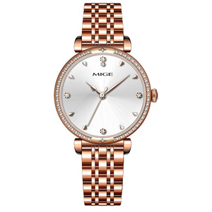 Montre à quartz pour femme MIGE en acier inoxydable or rose avec lunette sertie de diamants et cadran analogique, bracelet élégant et luxueux - Product Image 1