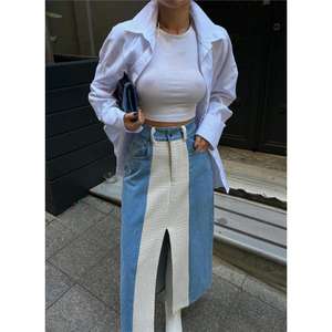 Casual <b>White</b> Denim <b>Skirt</b> Front Slit Long Maxi Length Deco Button Seasonal Asymmetric Dot Pattern Formal <b>Pleated</b> Washed Waist - Product Image 1