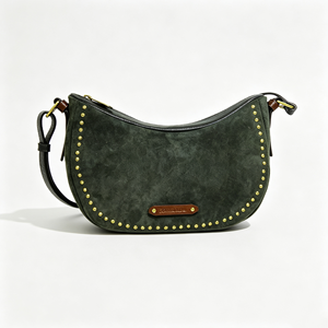 Retro Crescent <b>Shoulder</b> <b>Bag</b>, Dark Green Rivet Decor Zipper Purse Adjustable <b>Strap</b> Casual Daily Crossbody <b>Bag</b> - Product Image 1