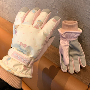 Beige <strong>Cute</strong> Bear Ski <strong>Gloves</strong> for Women Are Popular for Winter Warmth, Fleece and Thickened Outdoor Windproof Cycling - Product Image 1