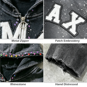 Sweat à capuche zippé court pour homme, style vintage délavé, avec imprimé éclaboussures de strass et patch lettres, coupe ample, streetwear - Product Image 2
