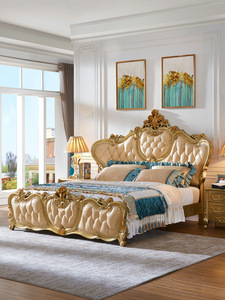 Ensemble de lit double royal européen de luxe en cuir véritable avec cadre en bois massif pour la maison, la villa, l'hôtel, la chambre à coucher, le salon - Product Image 3